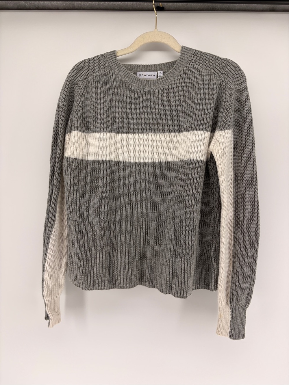 525 America Gray & Cream Striped Crewneck Cable-knit Ribbed Sweater S